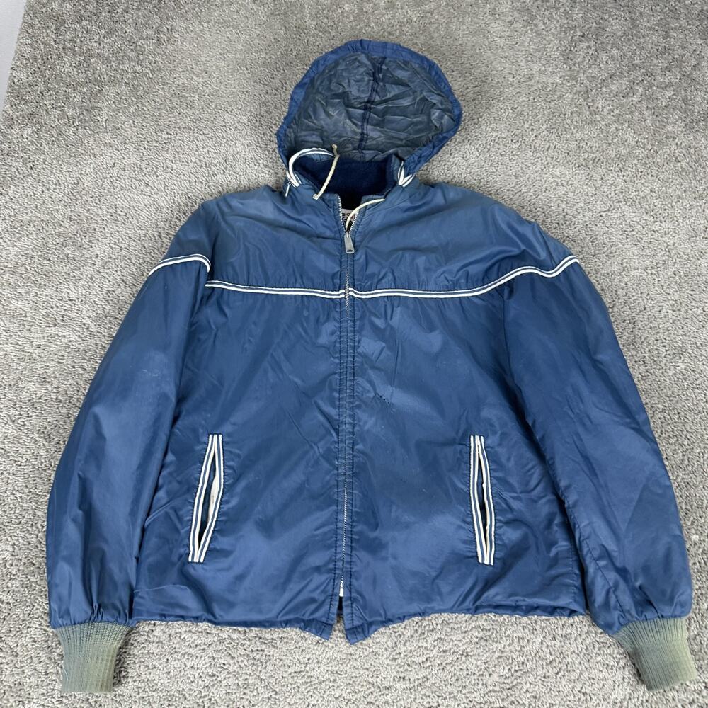 Vintage Silton Jacket Mens Medium Blue Hooded Nylon Fleece Lined Windbreaker 70s